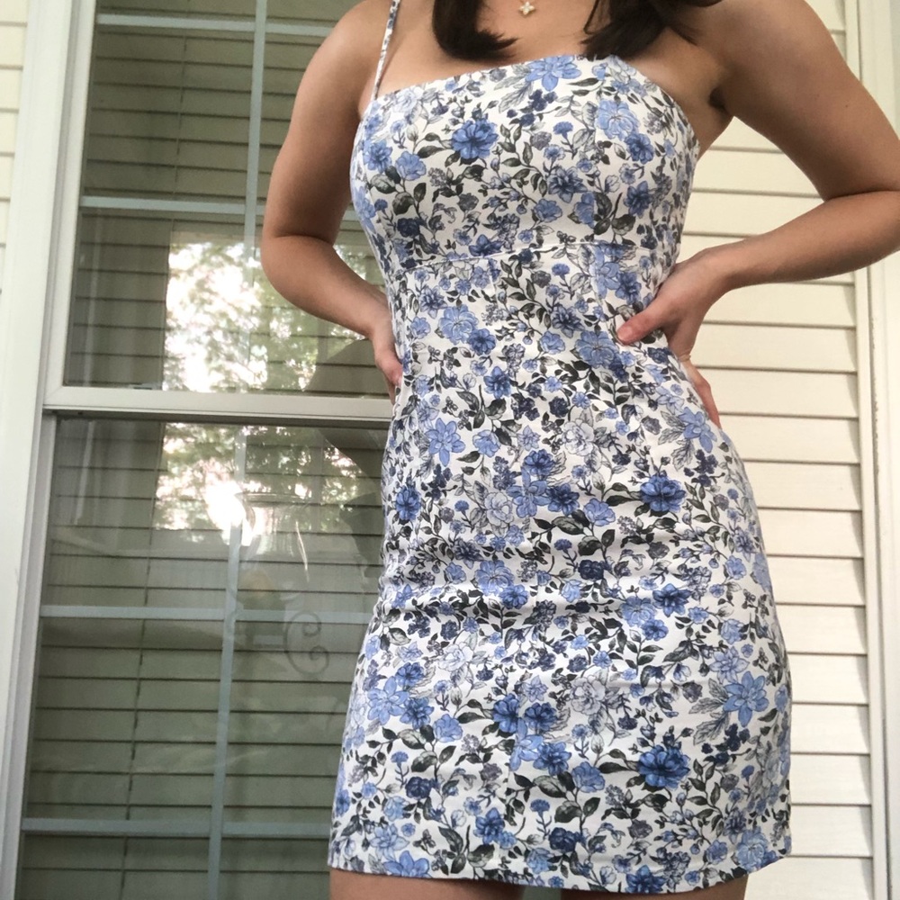 Wild Fable blue & cream mini floral strappy dress